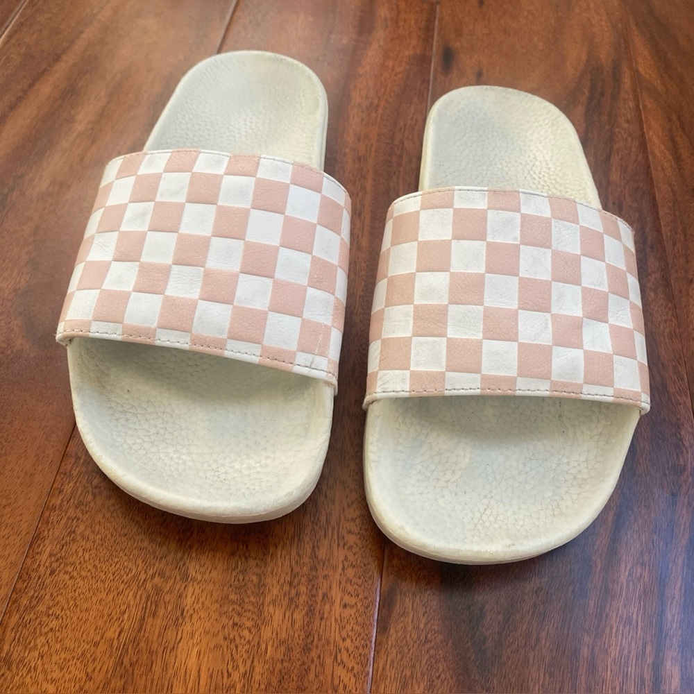 Vans Off The Wall Women's Checkerboard Pink Leather Slides Sandals Size 7